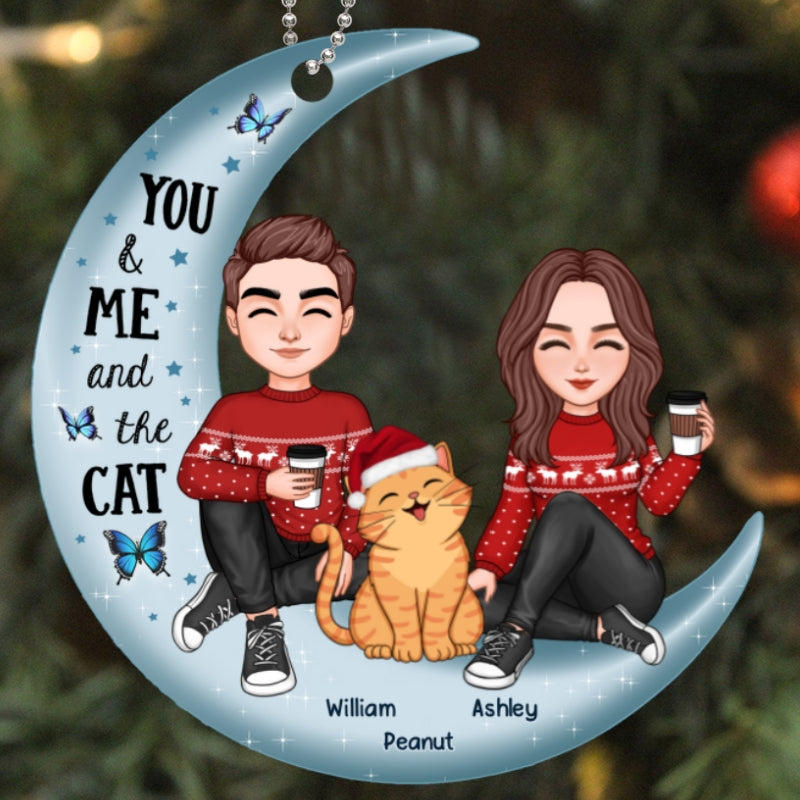 Couple And Smiling Cat On Moon Personalized Acrylic Ornament