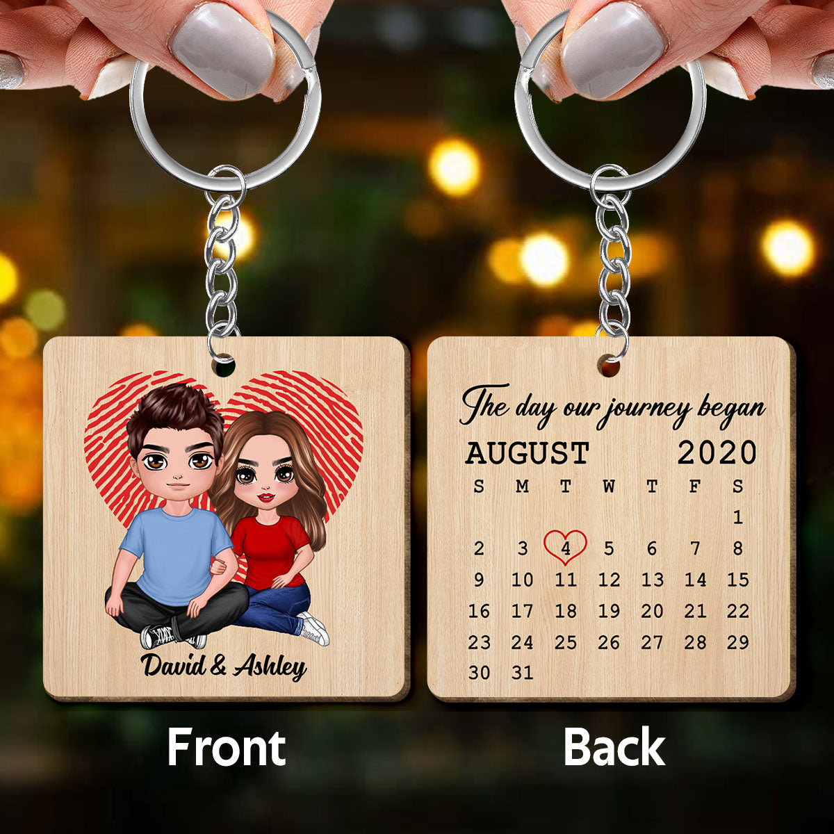 Doll Embracing Couple Sitting Calendar Anniversary Date Personalized Wooden Keychain