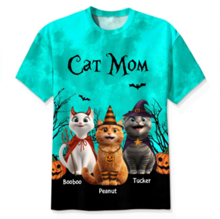Cat Mom Halloween Moon Light Bat Tree Cartoon Cat Personalized Shirt, Purrfect Costume for Cat Lover