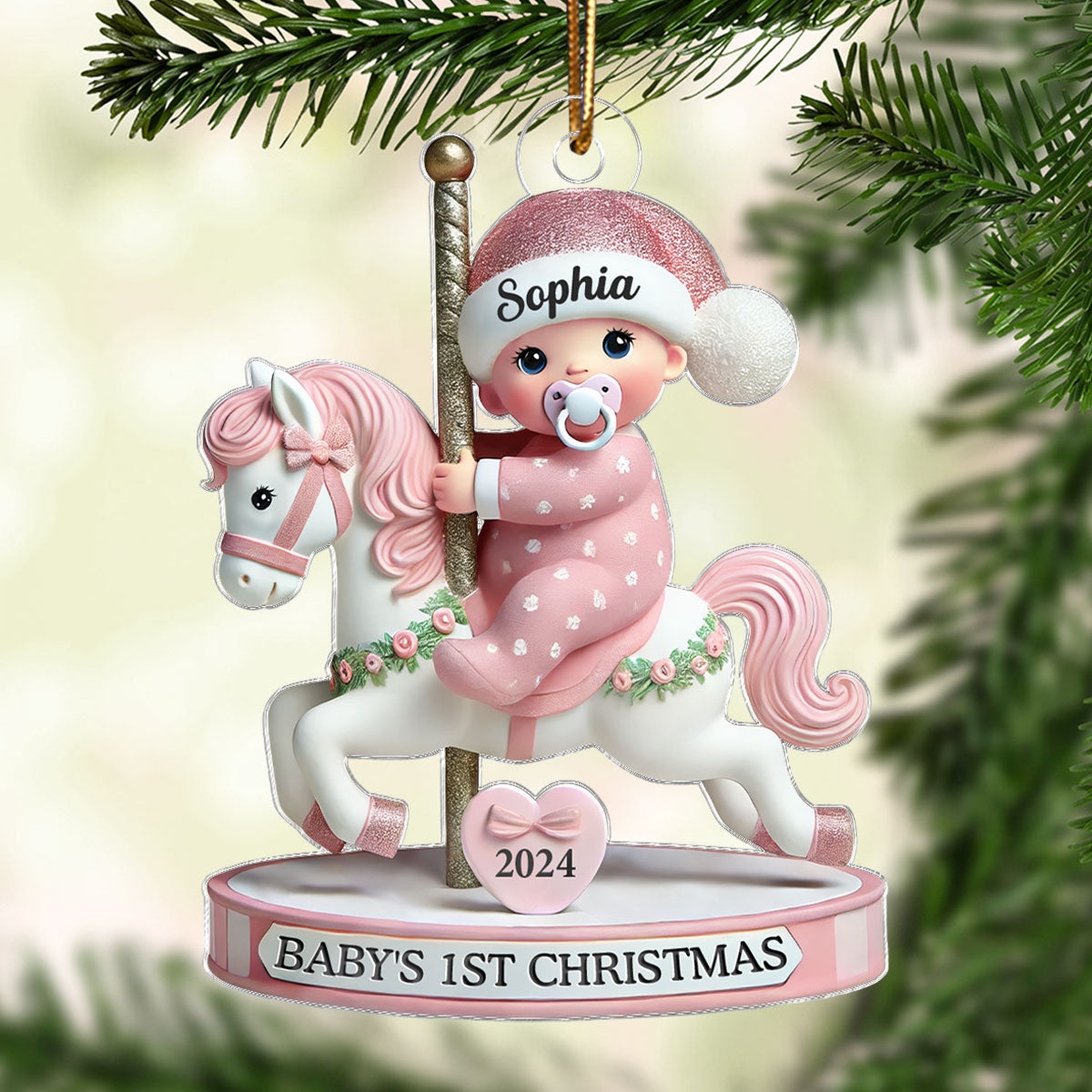 Baby On Merry-go-round Horse 1st Christmas Keepsake 3D Effect Personalized Acrylic Flat Ornament