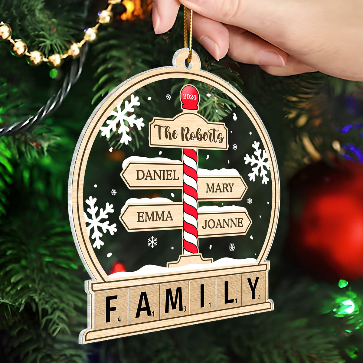 Family North Pole Sign In Snow Globe Personalized Acrylic Ornament, Christmas Gift