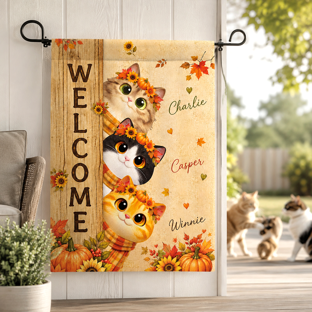 Cozy Fall Cat Welcome - Personalized Garden Flag