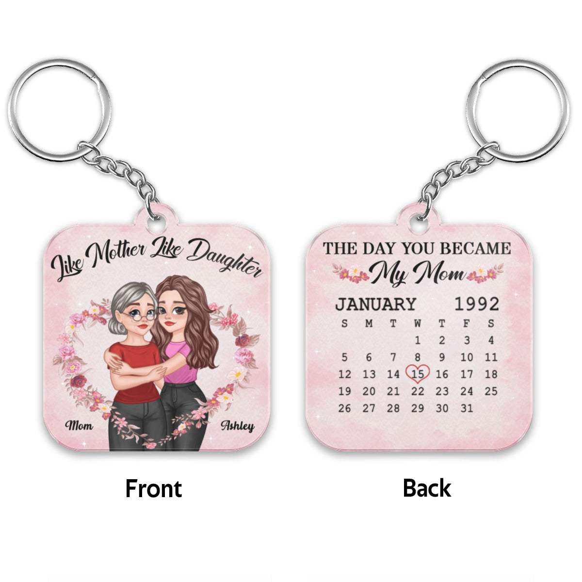 Cartoon Hugging Mother Daughter Calendar Date Personalized Acrylic Keychain