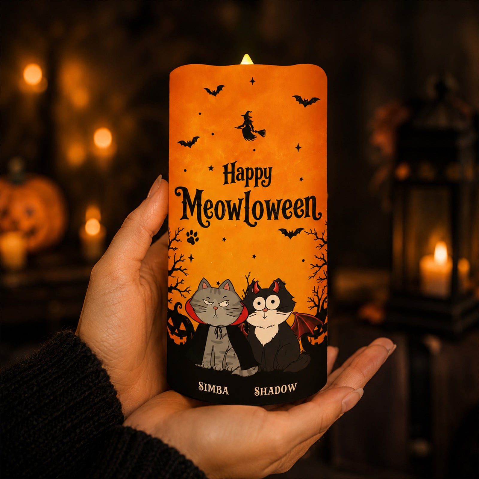 Cat Mom Happy Meowloween - Personalized LED Candle - Purrfect Halloween Decor for Cat Lover