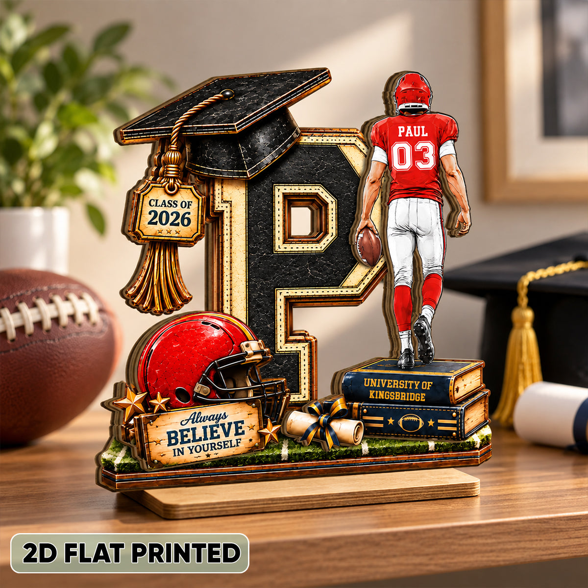 Football Graduation Custom Initial - Personalized 2-Layered Wooden Plaque - Class of 2026 Senior Gift, Christmas Gift for Son, Grandson, for Him