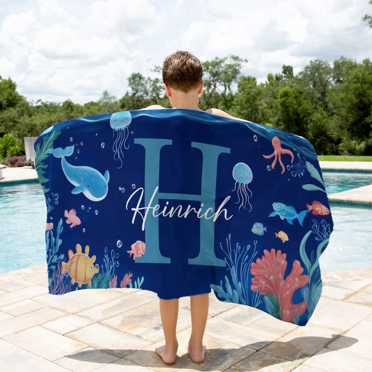 Personalized Ocean World Cute Animal Personalized Beach Towel with Initial and Name, Summer Travel, Accessories Gift for Boy Girl, Bath Towel