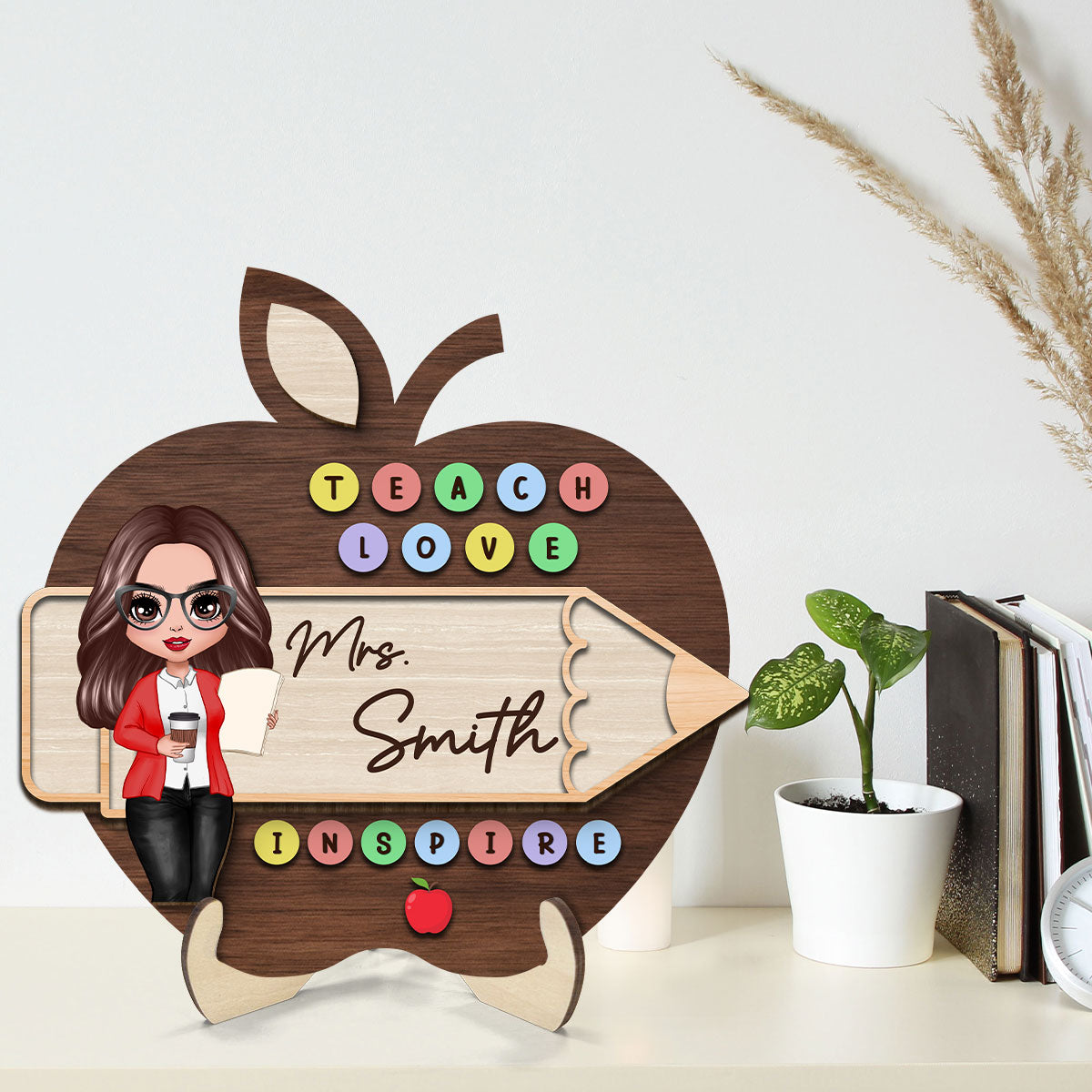 Teach Love Inspire Personalized 2-Layer Wooden Plaque, Back To School Gift For Teacher, Office Decor