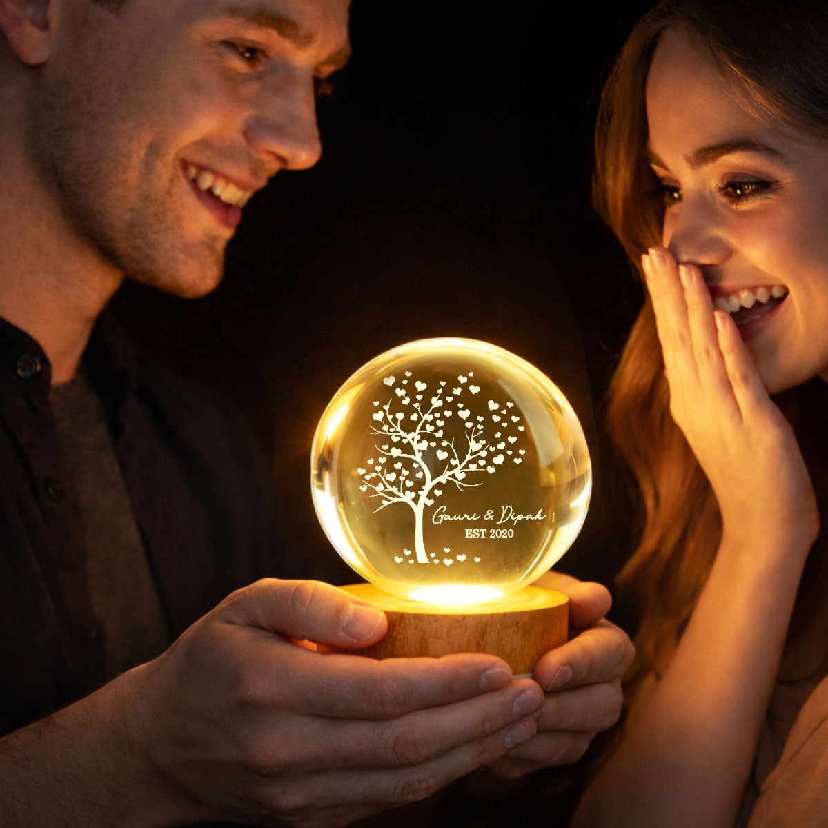 Tree Of Love Couple - Personalized Crystal Ball LED Night Light - Anniversary, Valentine's Day Gift, Gift For Him, Gift For Her