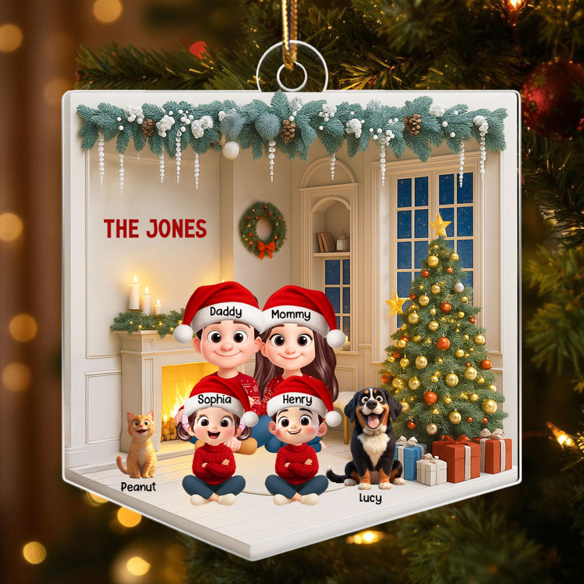 3D House Interior Family Sitting - Personalized Acrylic Ornament - Christmas Gift for Family