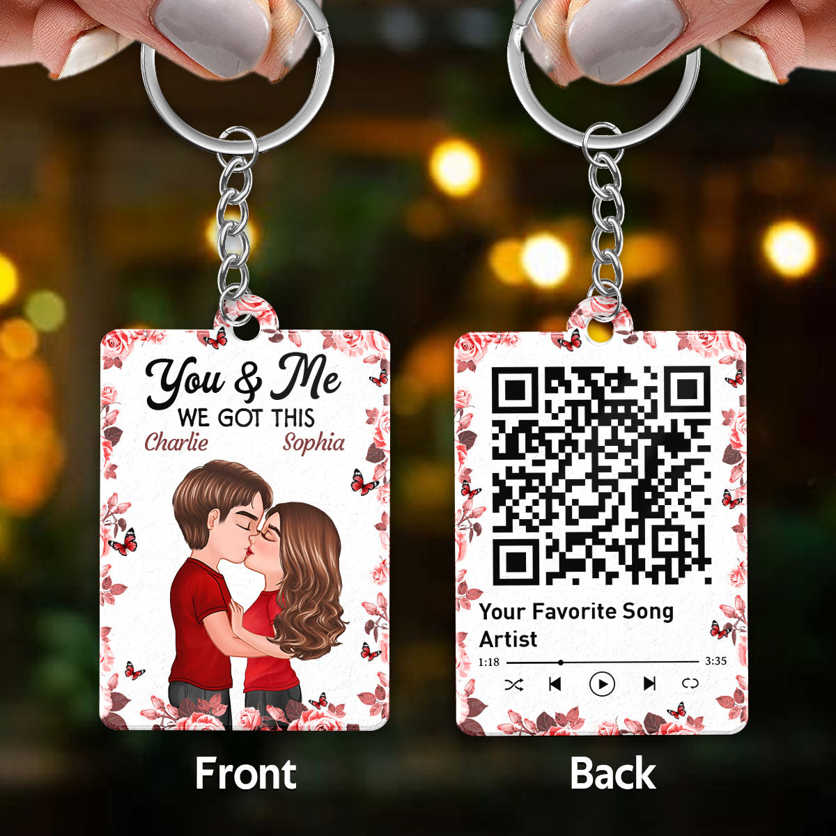 Rose Frame Doll Couple Kissing Favorite Song QR Code Personalized Acrylic Keychain