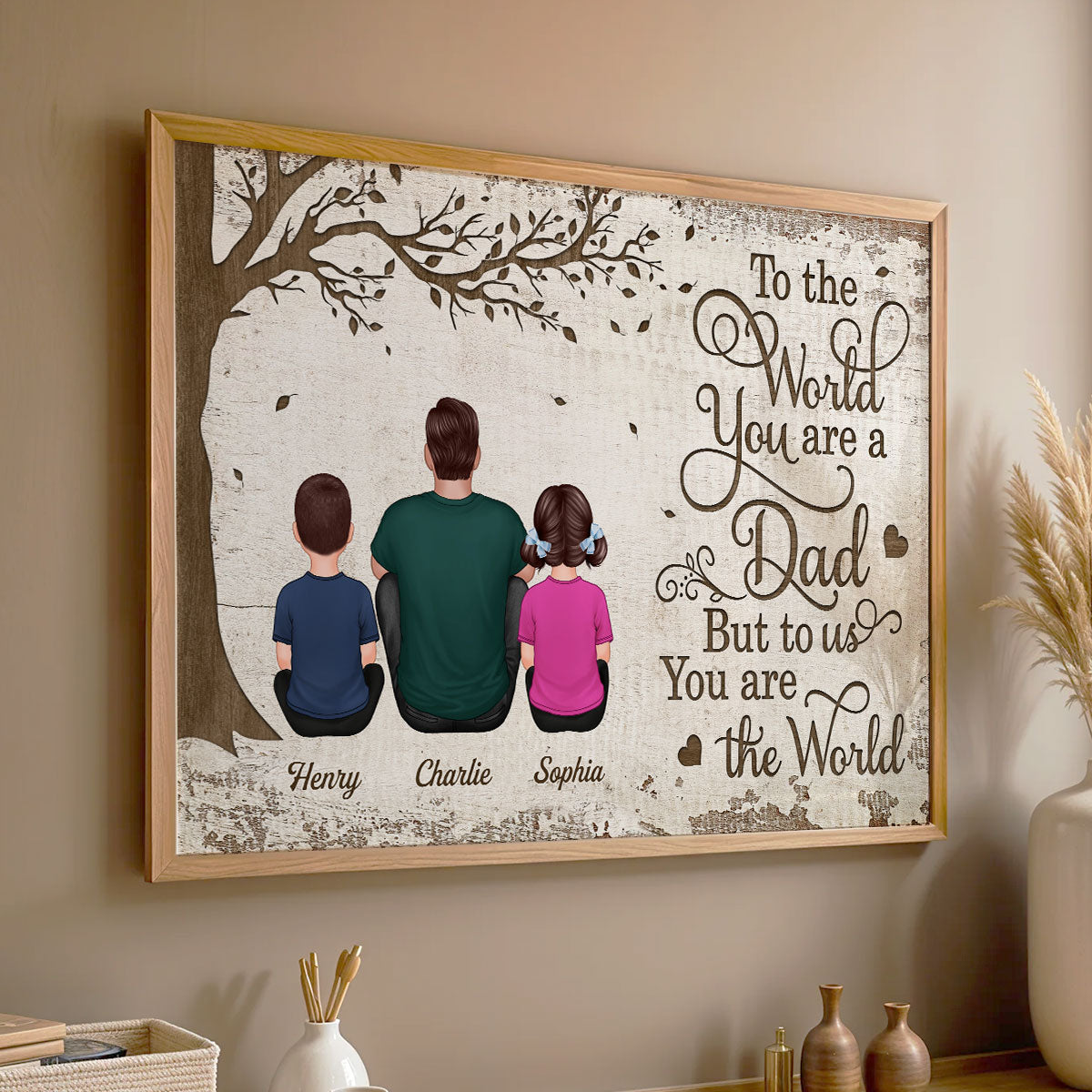 Back View Dad And Kids Dogs Cats Sitting - Personalized Poster - Gift For Dad, Husband