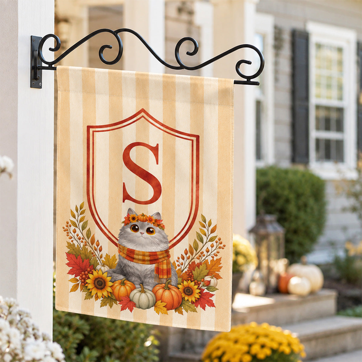Fall Season Monogram Initial Family Cat Lovers - Personalized Garden Flag, Hydrangea Shield