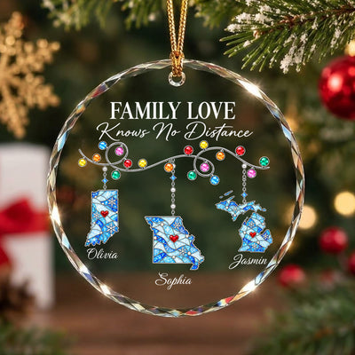 Family Love Knows No Distance - Personalized Glass Ornament - Togetherness Christmas Gift for Sisters, Children