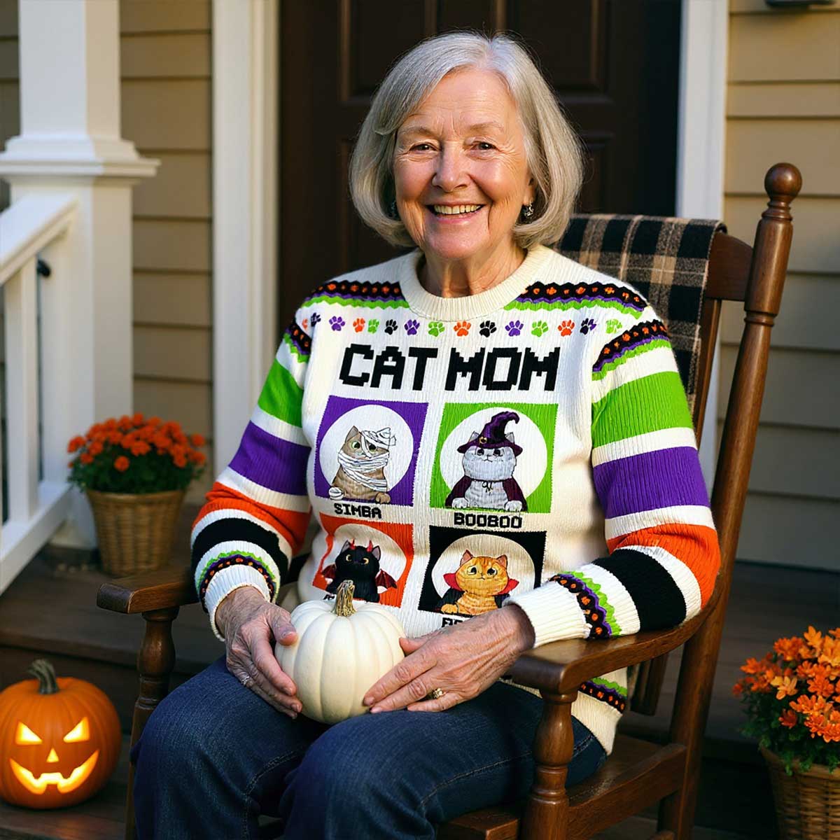 Halloween Cat Mom Personalized Faux Knitting Sweater