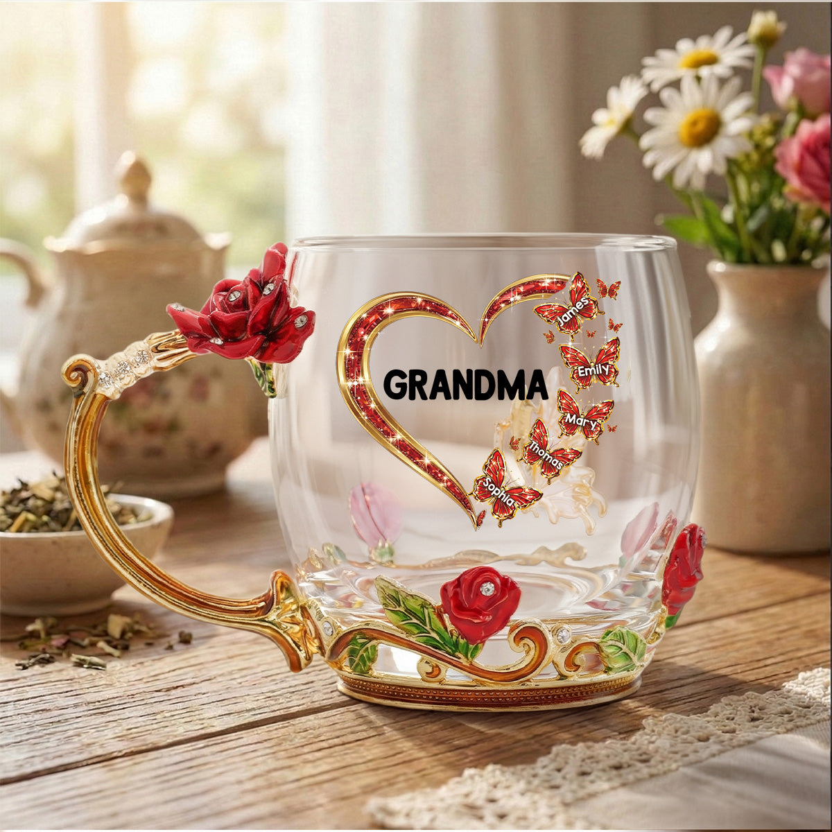 Grandma Butterflies Heart Custom Kids Names - Personalized Enamel Flower Tea Cup - Gift For Grandma, Mom