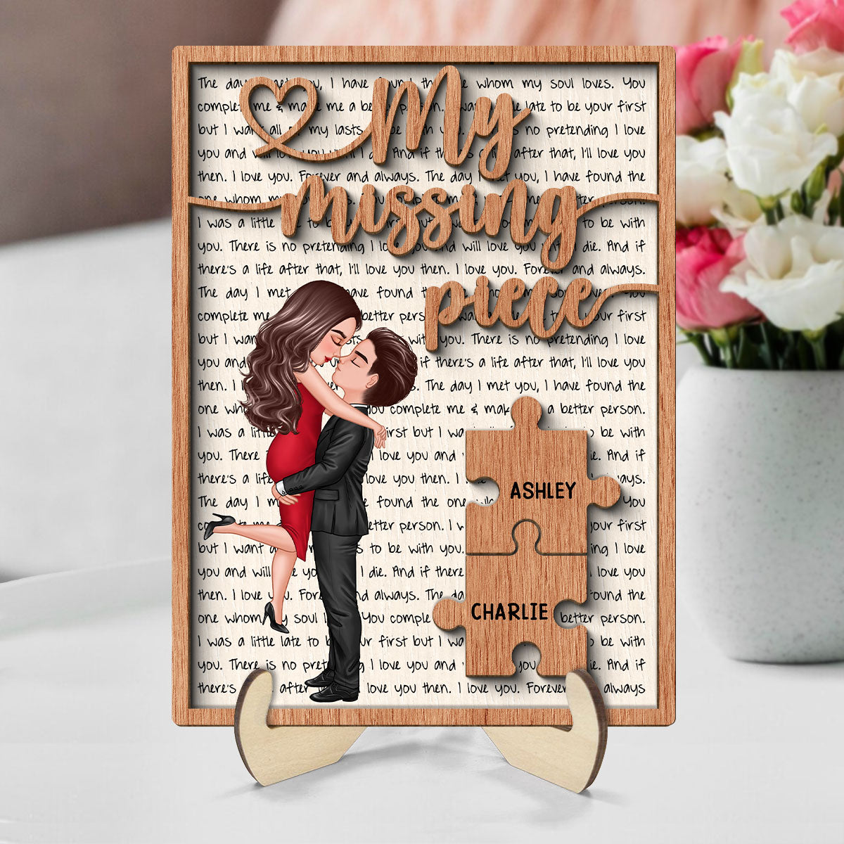 My Missing Piece Couple Letters Background Personalized 2-Layer Wooden Plaque