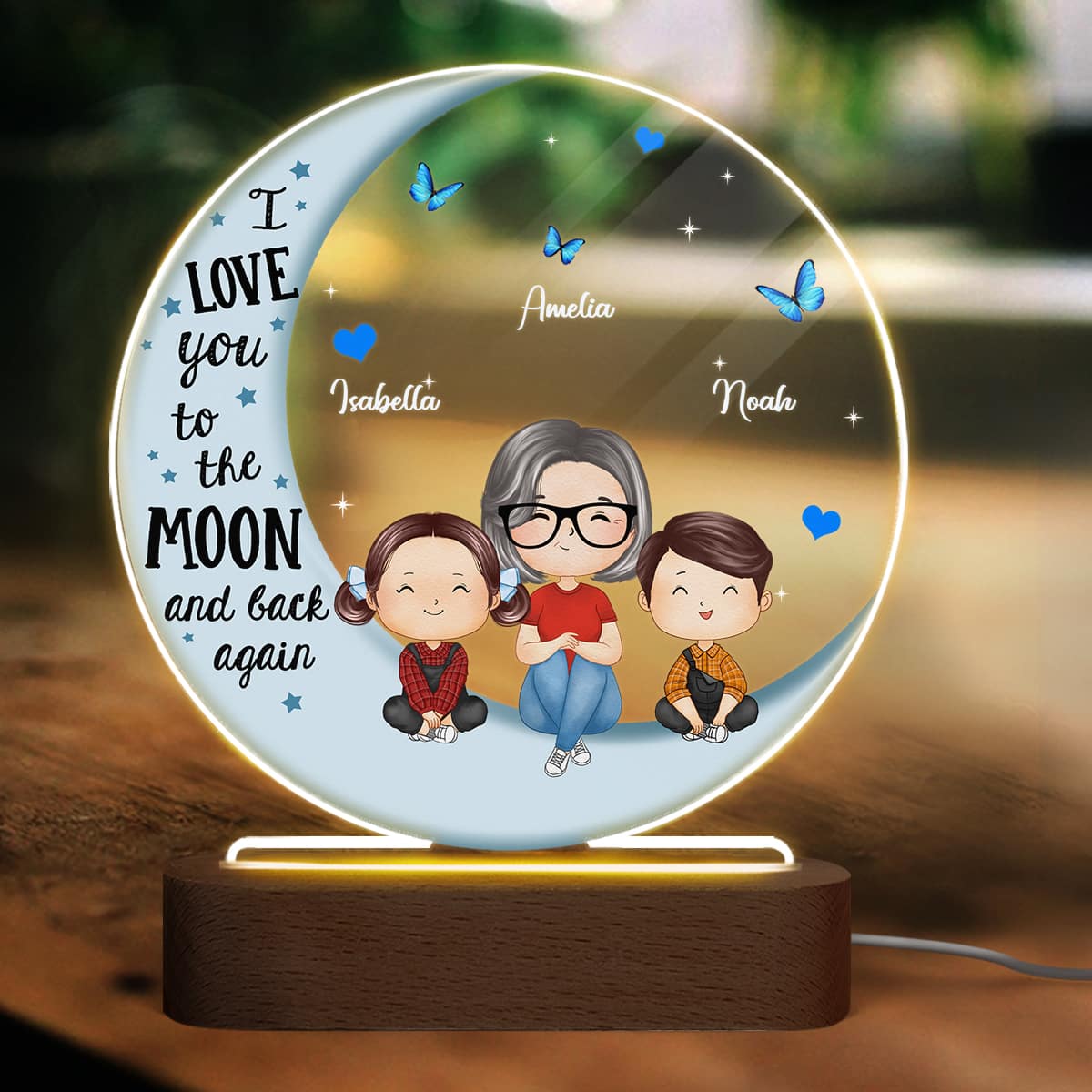 Doll Grandma Grandkids Watercolor Style Blue Moon Personalized Circle Acrylic Plaque LED Night Light