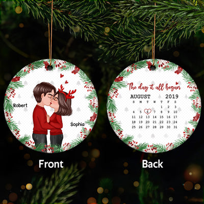 Doll Couple Kissing Anniversary Date Christmas Gift Personalized Double Sided Circle Ornament