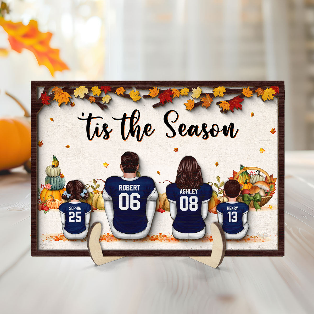 Fall Season Football Family Sitting Personalized 2-Layer Wooden Plaque, Gift For Husband, Wife, Dad, Mom
