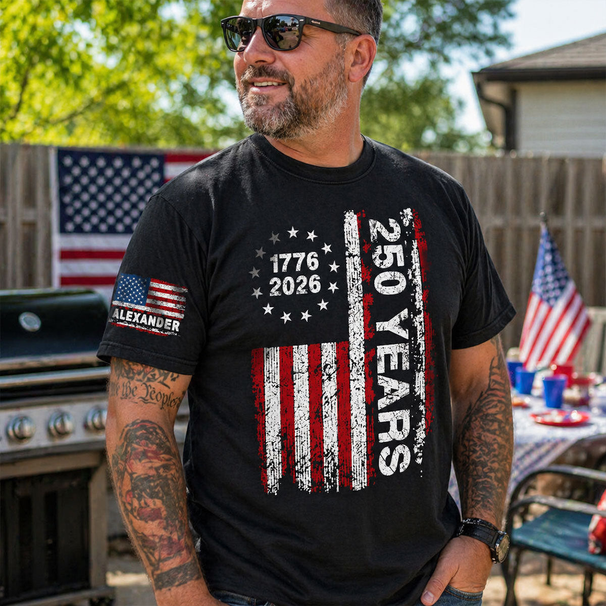 250 Years American Flag Custom Name - Personalized Sleeve Printed Shirt - United States 250th Anniversary USA Patriotic