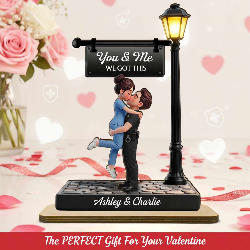 Proud Hero Couple Under Lamp Post - Personalized 2-Layered Wooden Plaque - Valentine's Day Gift For Couple, For Him, For Her, Nurse, Police, Firefighter, Army