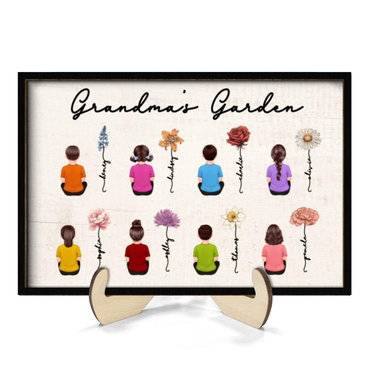 Grandkids Sitting Grandma Garden Vintage Birth Month Flowers Mother‘s Day Gift Personalized 2-Layer Wooden Plaque