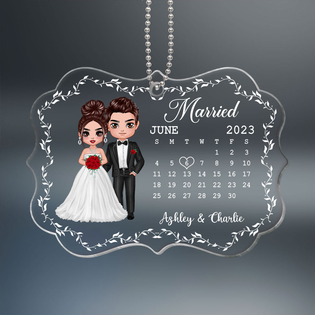 Doll Couple Married Wedding Keepsake Date Calendar Anniversary Newlywed Gift Personalized Acrylic Ornament