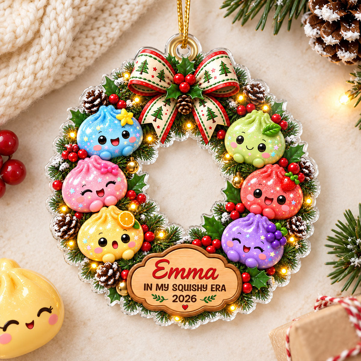 The Year Of Squishies Dumpling Wreath 2D Flat – Personalized Acrylic Ornament – Squishy Lover Christmas Keepsake 2026
