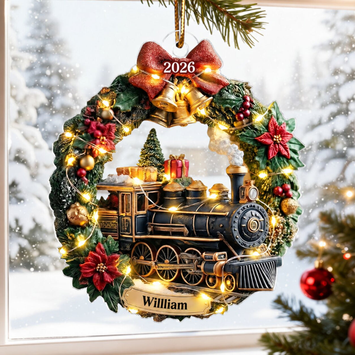 Christmas Train Family Keepsake Wreath - Personalized Acrylic Ornament - Christmas Gift For Kid, Family