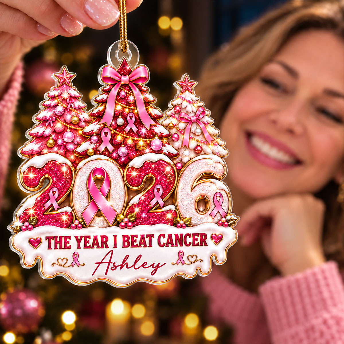 The Year I Beat Breast Cancer - Personalized Acrylic Ornament - Christmas Gift For Breast Cancer Survivors, Breast Cancer Awareness Gift