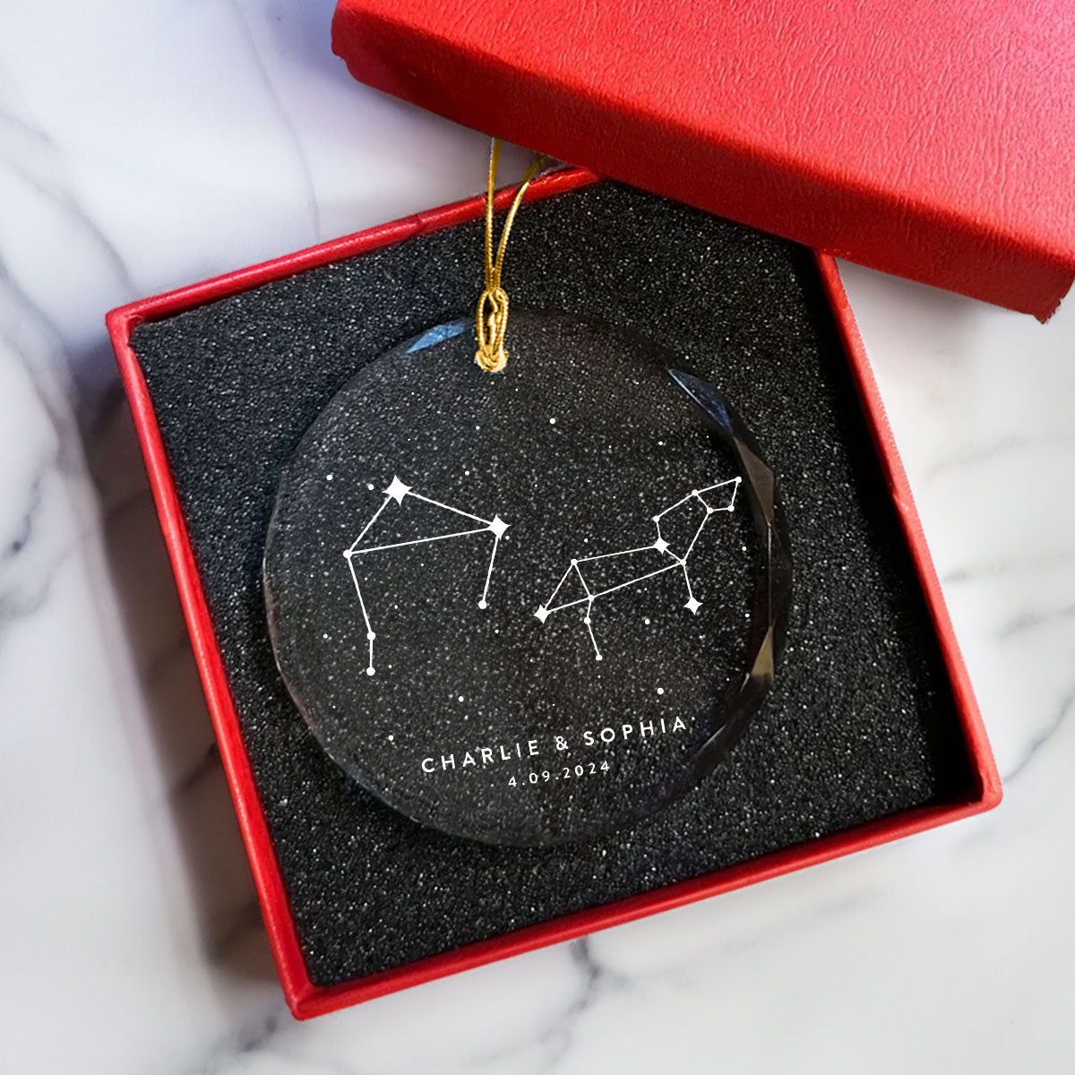 Zodiac Sign Stars Couple Personalized Glass Ornament, Christmas Gift