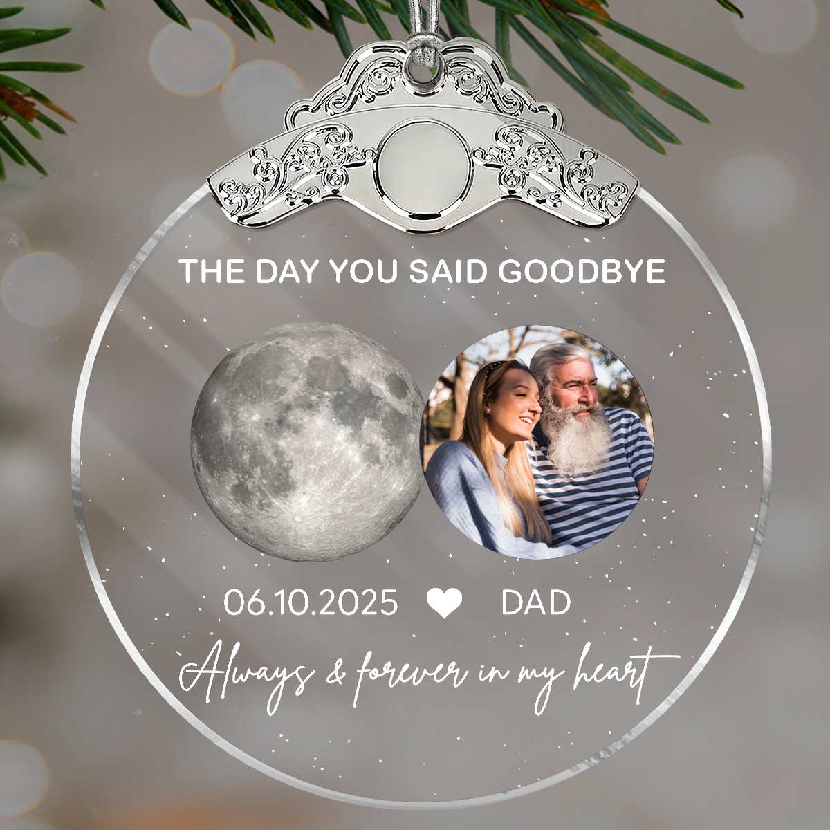 The Day You Said Goodbye Custom Moon Phase Upload Photo - Personalized Glass Ornament With Silver Cap - Heartwarming Memorial Sympathy Gift
