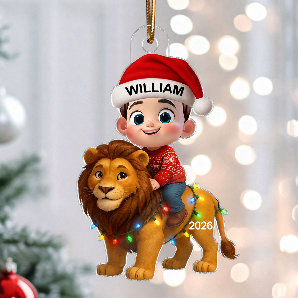 3D Effect Little Kid Jungle Safari Animals Lion Christmas Personalized Acrylic Ornament