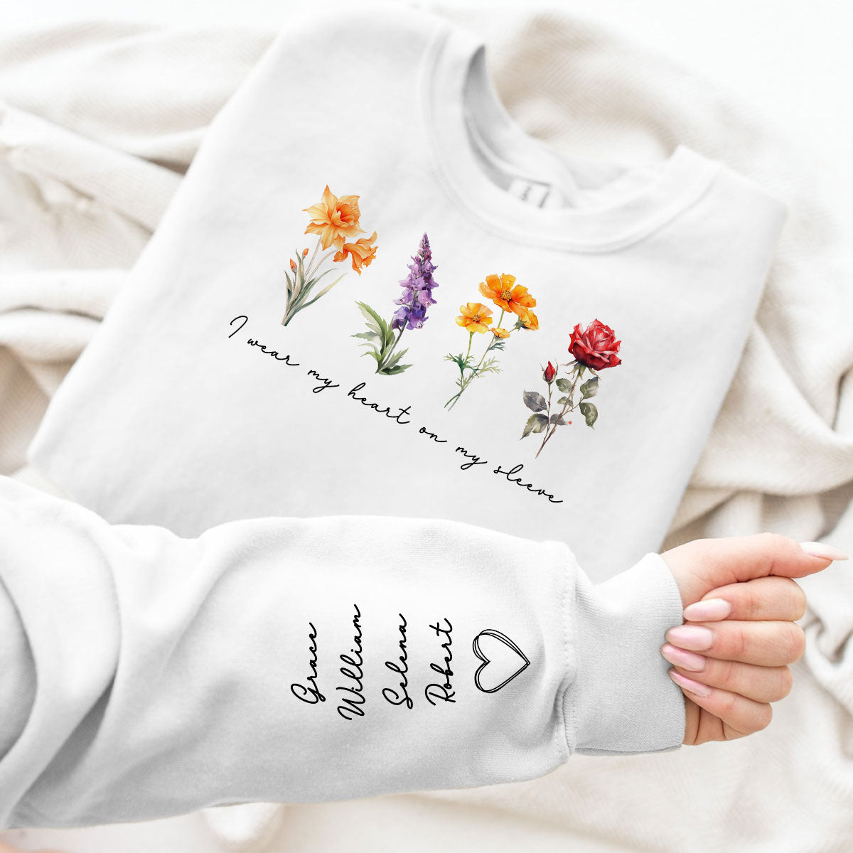 Beautiful Birth Month Flowers Personalized Sleeve Printed Sweatshirt, Gift For Mom Granma Aunt