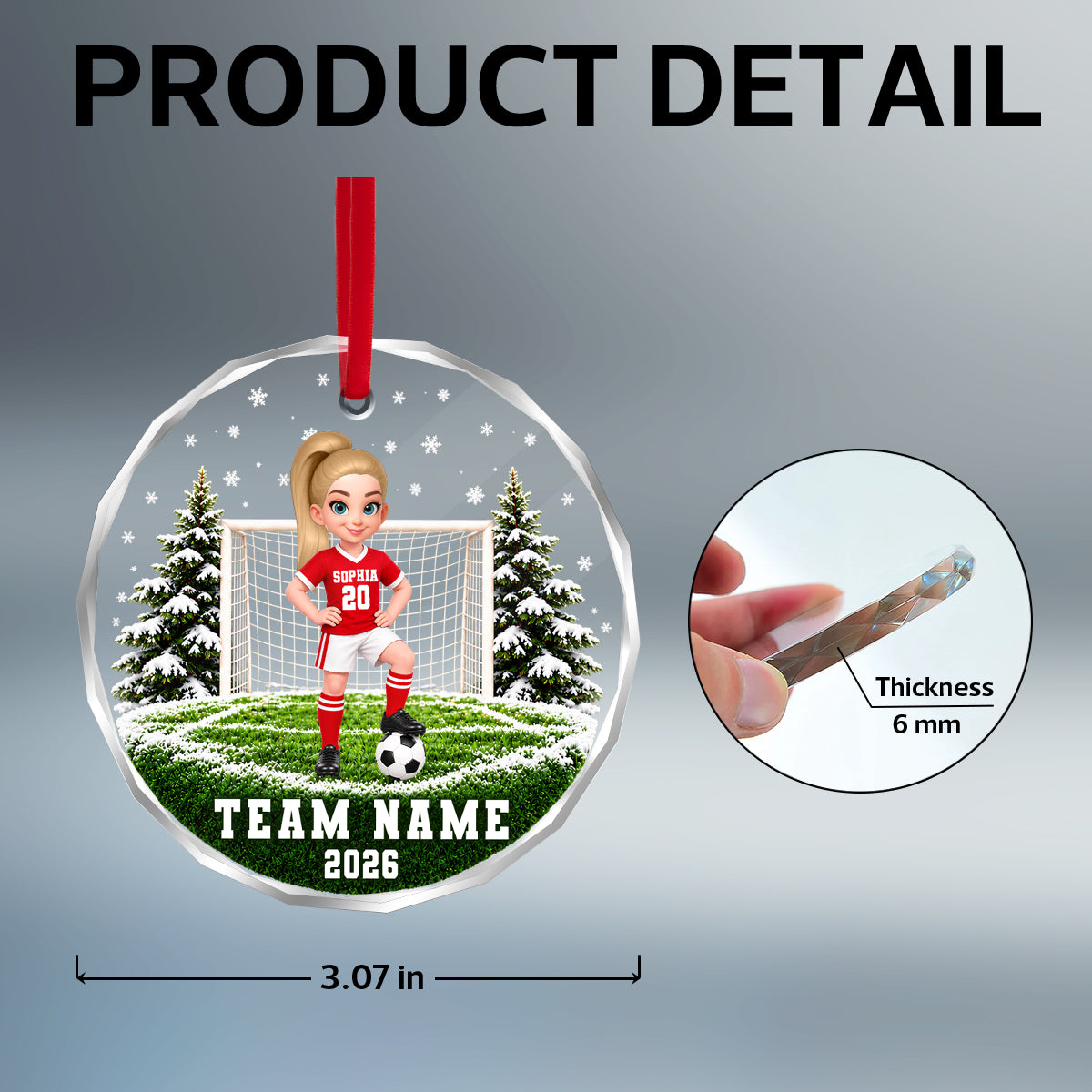Soccer Player 2D Flat - Personalized Glass Ornament – Custom Boy & Girl Soccer Christmas Keepsake, Team Name & Year, Gift for Soccer Lovers