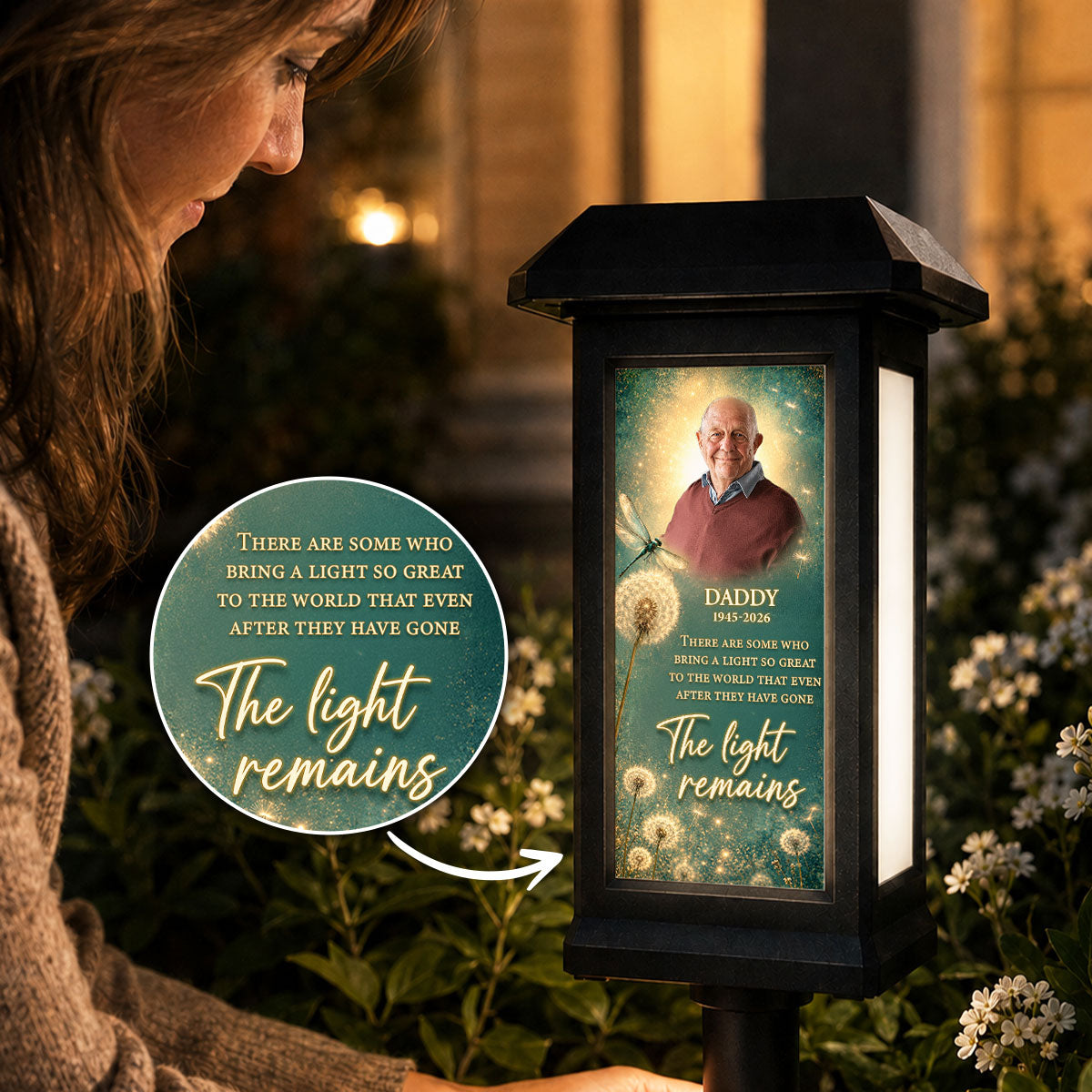 The Light Remains Memorial Dragonfly Dandelion - Personalized Solar Lantern Light - Heartfelt Sympathy Gift for Loved Ones