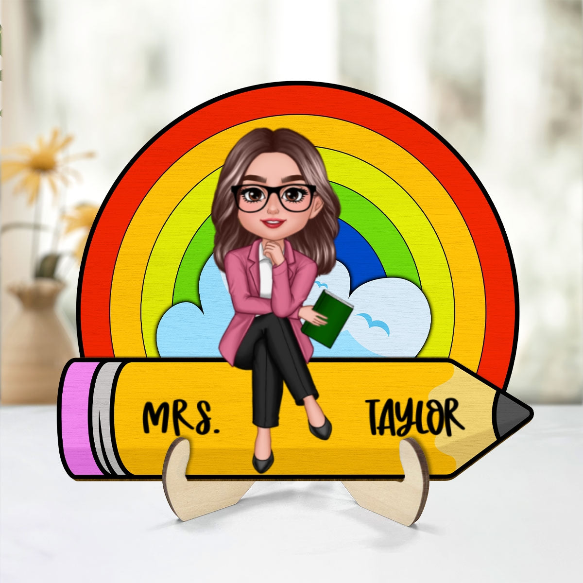 Doll Teacher Pencil Rainbow Personalized 2-Layer Wooden Plaque, Back To School Gift