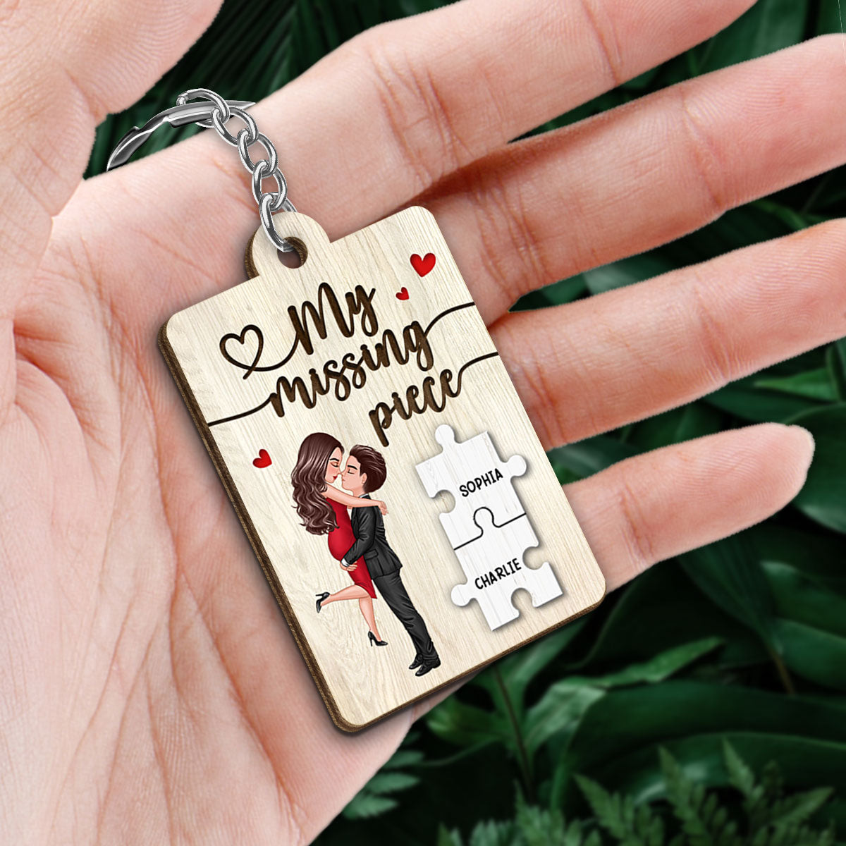 My Missing Piece Couple Hugging Kissing Valentine‘s Day Gift For Her Gift For Him Personalized Wooden Keychain