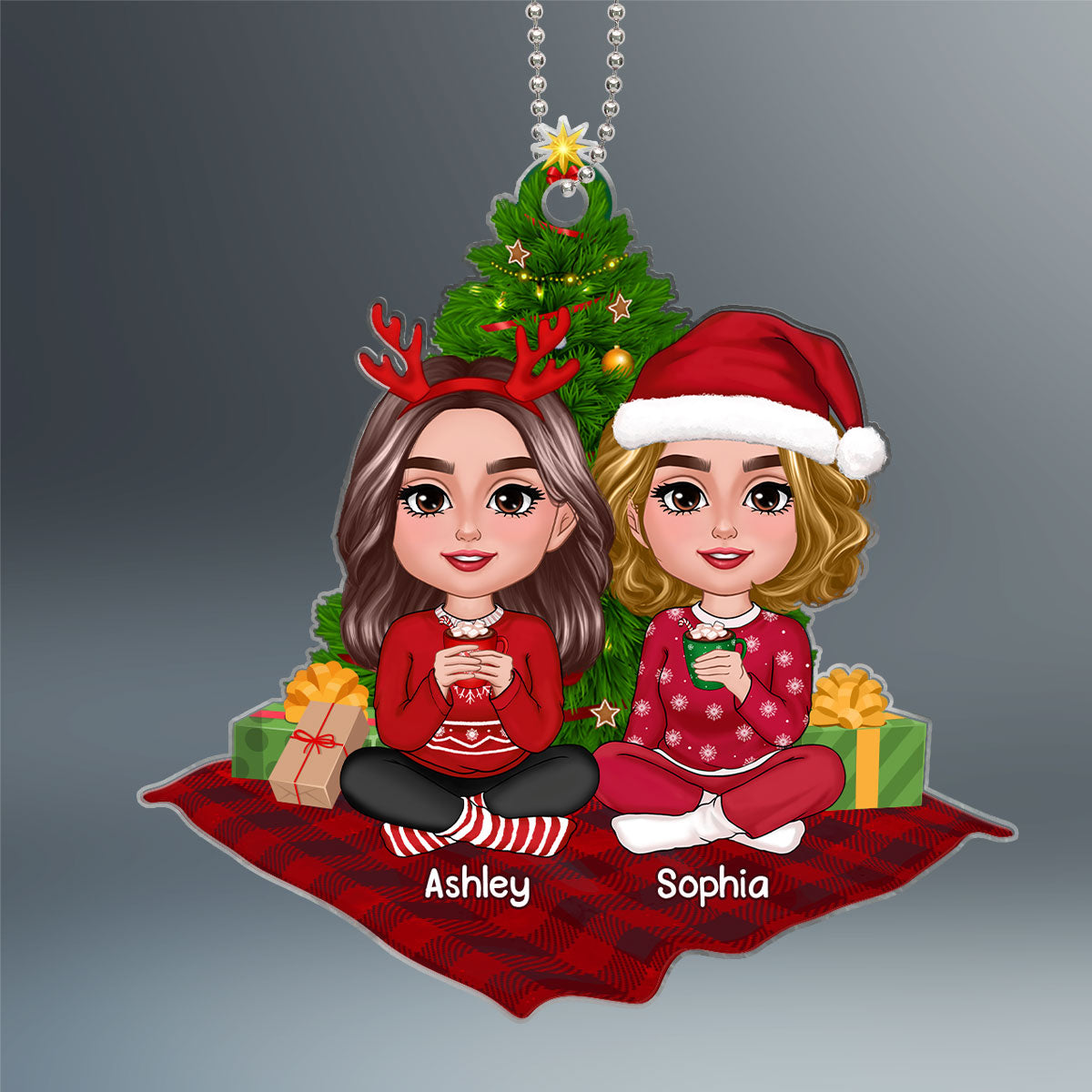 Doll Besties Sisters Sitting On Checkered Pattern Carpet Personalized Acrylic Ornament