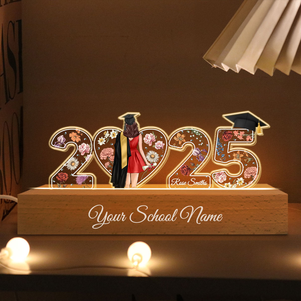 2025 Graduation Senior Flowers Personalized Custom Shape Acrylic Block LED Night Light, Graduation Gift