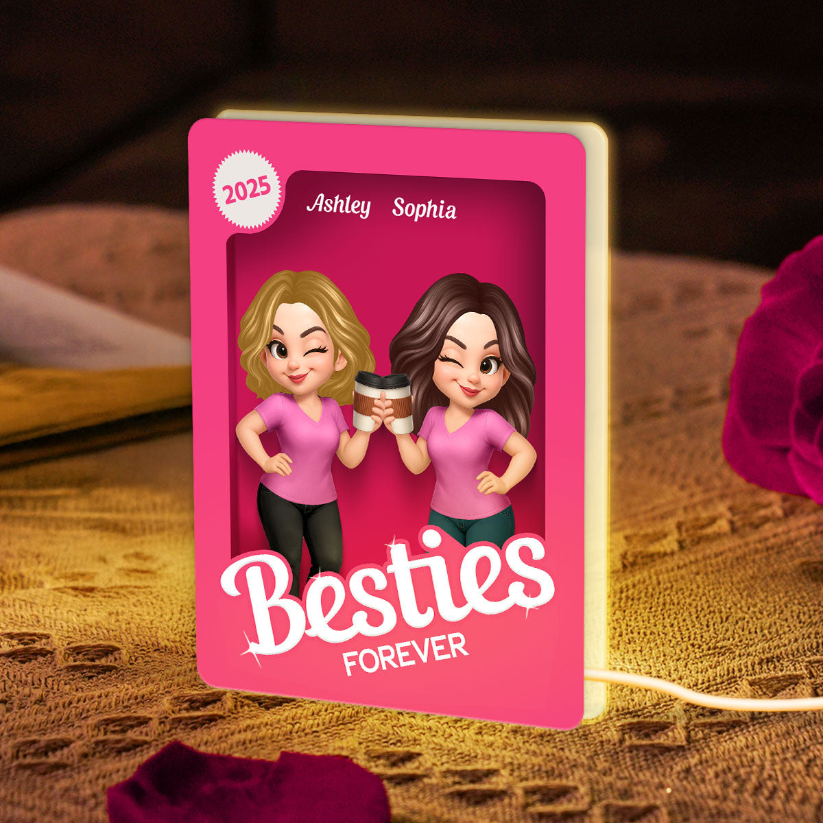 Besties Partners In Crime Pink Action Figure 3D Effect Personalized Light Box