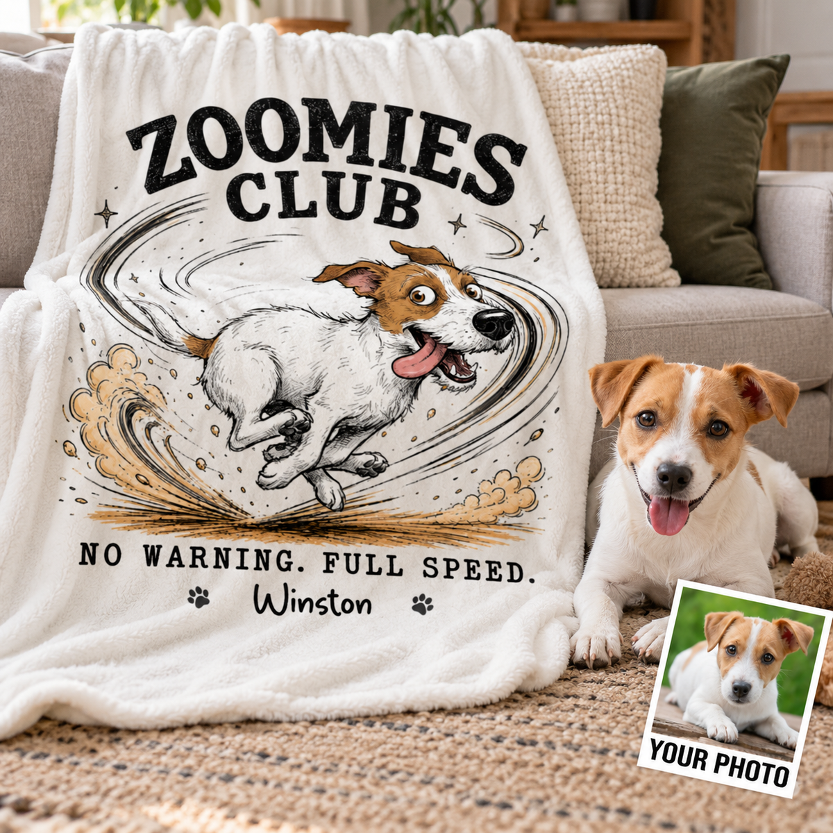 Zoomies Club Official Member Quirky Dog Portrait From Your Custom Pet Photo - Personalized Blanket - Funny Gift For Dog Cat Lover