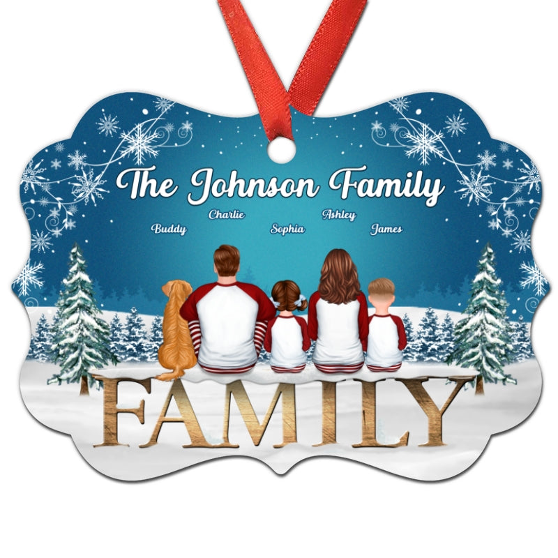 Pajamas Family Sitting On Word Snow Blue Background Personalized Christmas Ornament
