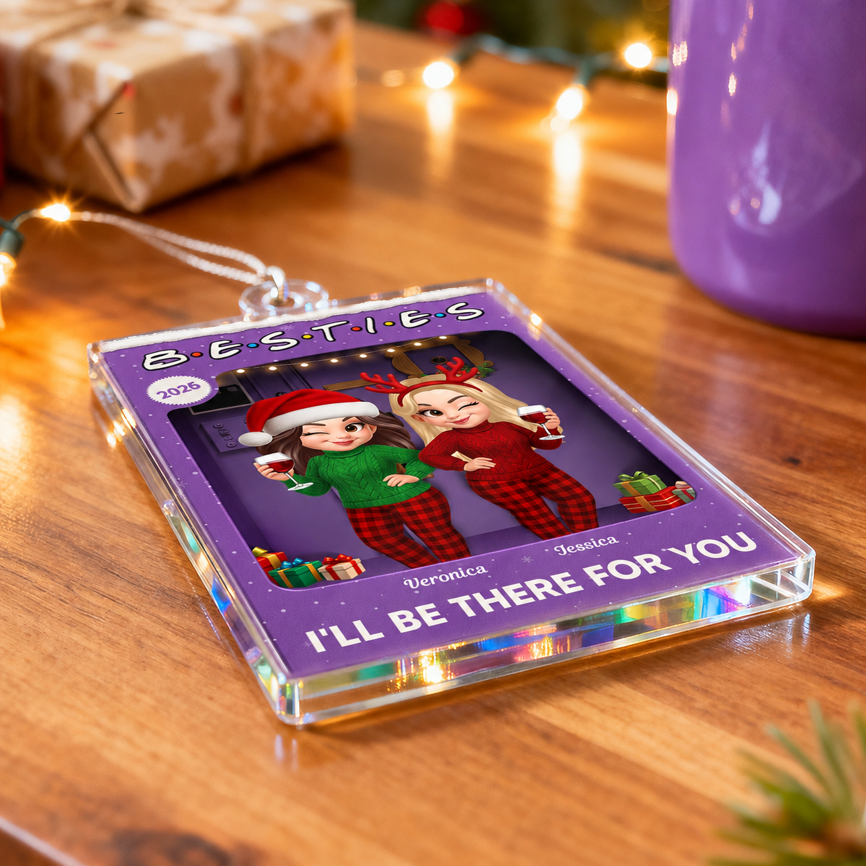 3D Effect Pretty Girl Best Friends Purple Toy Box Style - Personalized Acrylic Ornament - Christmas Gift For Besties