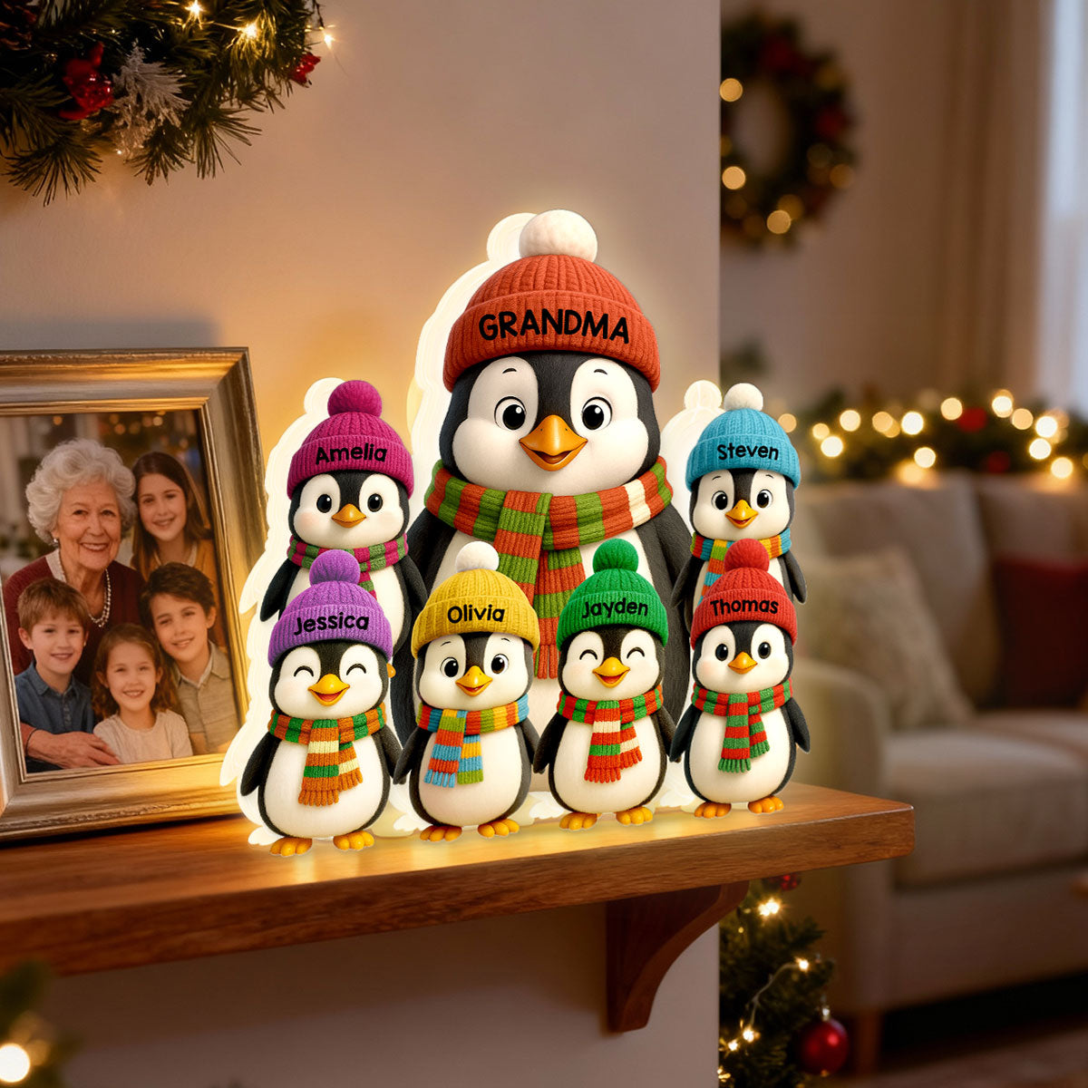 3D Effect Heartwarming Christmas Penguins Grandma Grandkids - Personalized Light Box