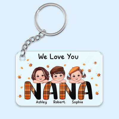 We Love You Grandma Mom Plaid Pattern Kids On Hand Fall Season Personalized Acrylic Keychain