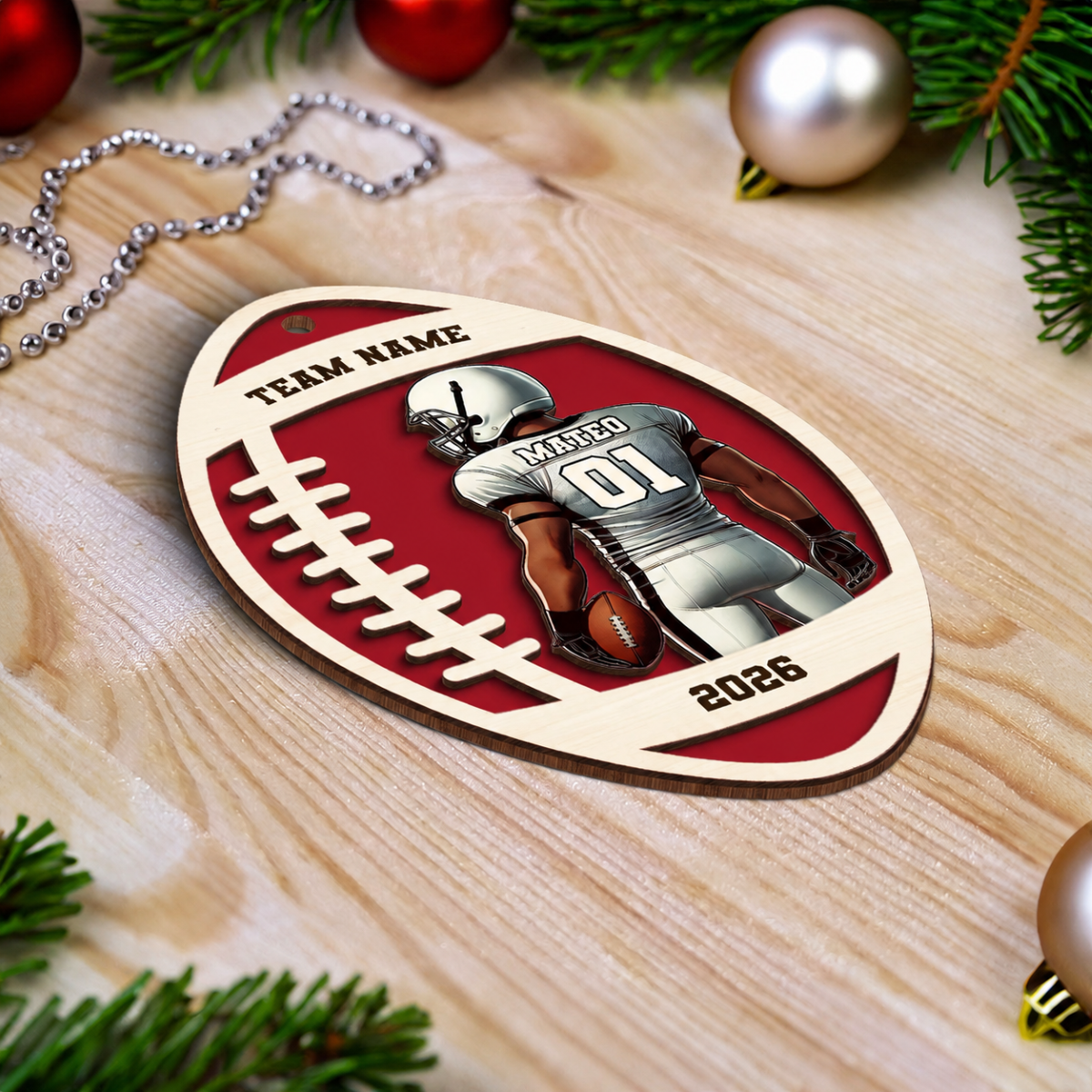 Personalized 3D Football Ornament, 2 Layered Wooden Sports Ornament with Name and Custom Text
