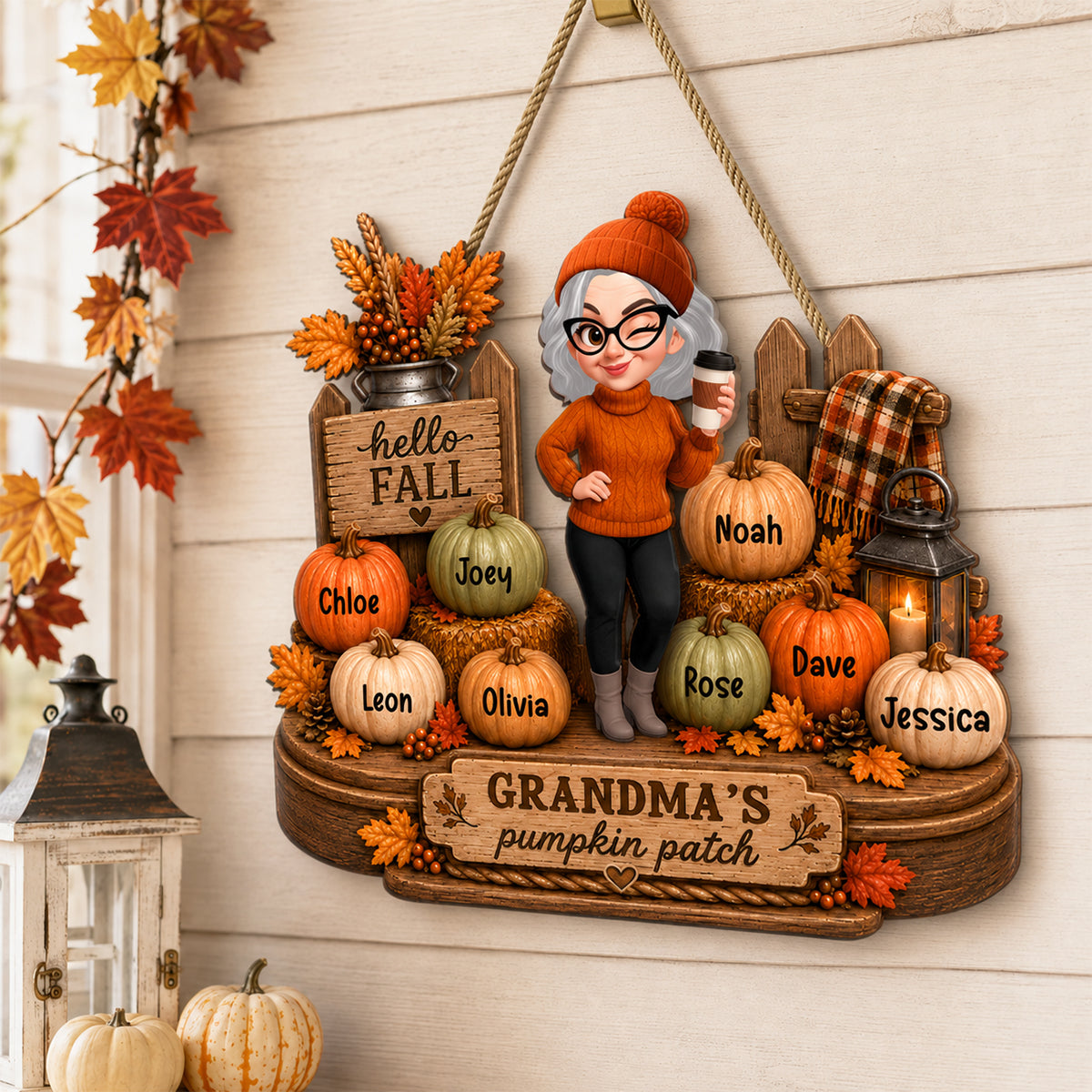 Hello Fall Grandma's Pumpkin Patch - Personalized Wooden Door Sign - Cozy Fall Decor for Grandma