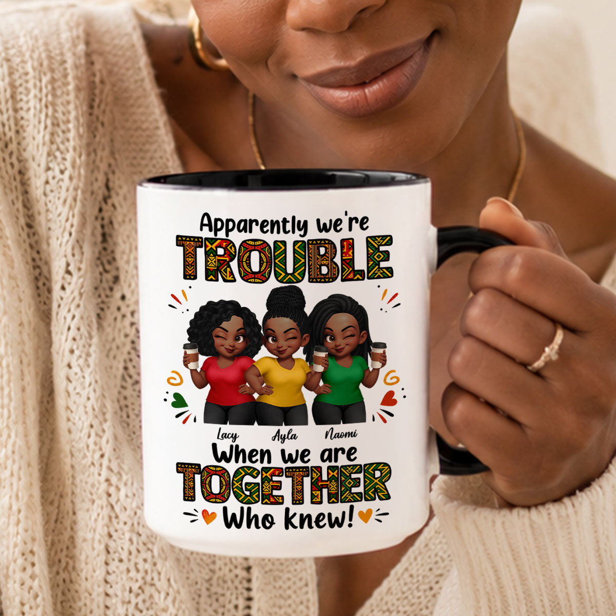 Tribal Pattern Besties Trouble Together - Personalized Mug - Birthday Gift, Gift For Best Friends