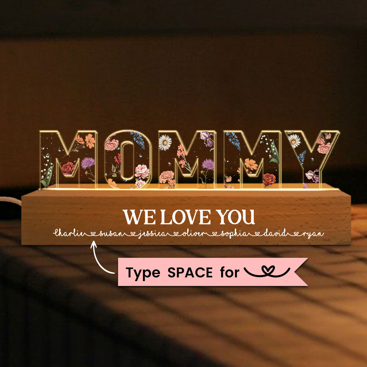 Custom Flower Printed LED Night Light, Birth Month Flower, Gift For Mom, For Grandma, For Wife